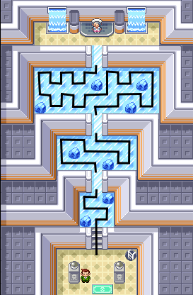 Map of the Sootopolis Gym in Pokémon Ruby, showing ice tiles arranged in grids